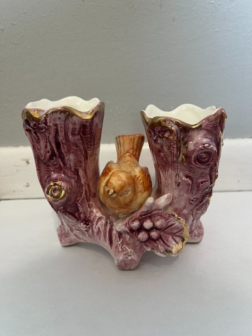 Ucagco Japan Double Tree Trunk Bird Vase Planter MCM Figural Gold Trim | Vintage